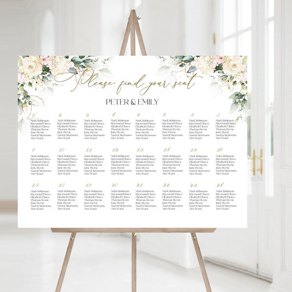 IVORY Seating Chart Template | Printable Cream Floral Welcome Plan, Boho Editable Wedding Seating Poster DIY, Ivory flowers Sign MIA | LE150