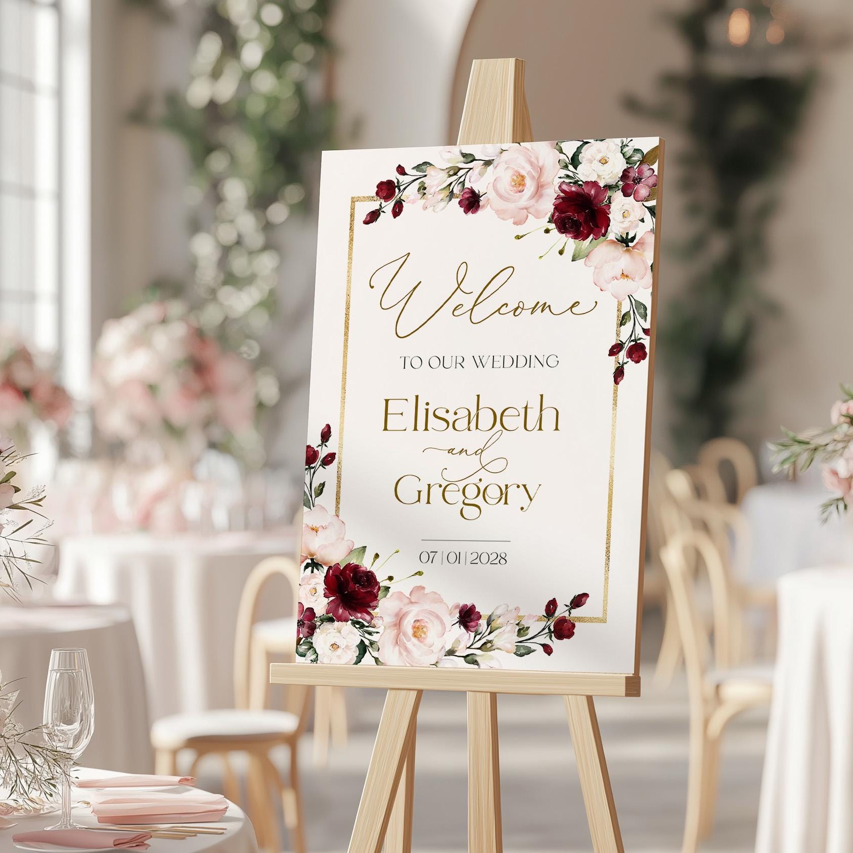 Burgundy Wedding Welcome Sign Template: Editable Gold & Blush ...