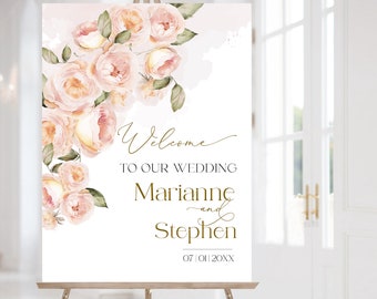 Peach Rose Wedding-welkomstbord: gouden bloemensjabloon (afdrukbaar en bewerkbaar ontwerp)