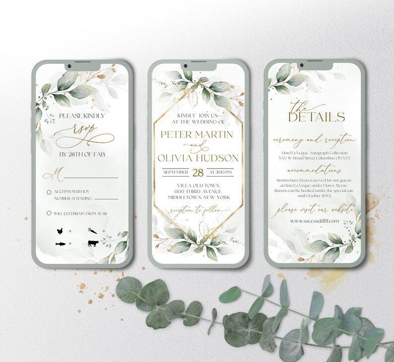 Ensemble d'invitations numériques pour mariage de verdure Faire-part de mariage vert or eucalyptus Invitation électronique de mariage de verdure modèle GRÂCE image 2