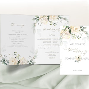 May include: A wedding ceremony program with white flowers and greenery on a light green background. The program includes the order of the ceremony and the wedding party. The text "Welcome to the wedding of Tomas Laura 10/10/20XX" is at the bottom of the page.