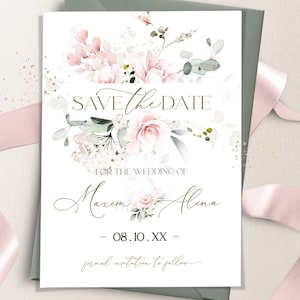Blush Pink Save the Date | Rosa Blumen Save the Date Karte | Floral & Eukalyptus Sparen Sie unsere Datumsvorlage | Bearbeitbar | ROSIE LE350