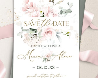 Blush Pink Floral Save the Date: Eucalyptus Template (Editable) ROSIE LE350