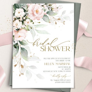 Blush Pink Bridal Shower Invitation Template | Printable Pink Bridal Shower Invite Card | Editable Floral Bridal Shower Invite | ROSIE