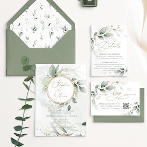 SAGE Green Wedding Invitation Kit Elegant Green Gold Printable Editable with QR RSVP Bundle Greenery Eucalyptus Invitation set Grace LE220