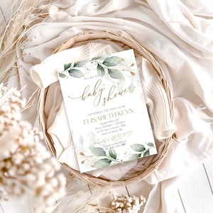 Sage Grün Babypartyeinladung Vorlage, druckbare Greenery Gold Babypartyeinladung Bearbeitbare Eukalyptus Babypartyeinladung Download Grace