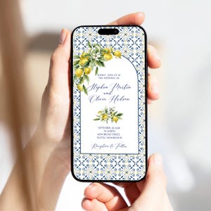 Digital Wedding Invitation Template Mediterranean Blue Tiles Lemon Italian Tuscan Electronic iPhone Editable Mobile Invites Smartphone
