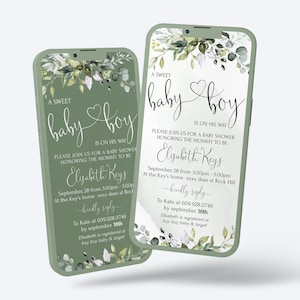 Modello di invito elettronico per baby shower Sage Green Baby Boy Shower Sms Invite Modificabile Baby Shower Eucalyptus Online E-invite Cuore LE170