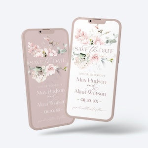 Bloom デジタル Save the Date | ソフト ピンク エレクトロニック Save the Date | ブラッシュ ピンク Save our Date テンプレート | デジタル招待状 | ROSIE LE350