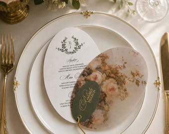 Luxury Wedding Oval Menu Handmade Cotton paper Gold Deckled Edge, Calligraphy