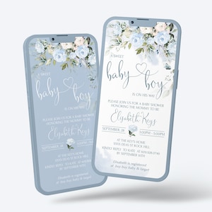 Modello di invito elettronico per baby shower blu, invito digitale per smartphone per neonato azzurro con fiori Baby Blue Shower iPhone / BP750