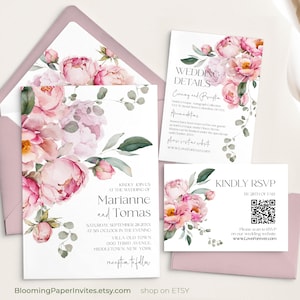 Pfingstrose Hochzeitseinladung Bundle Vorlage | Pfingstrosen Blumen blush rosa Printable Hochzeit einladen Set | Floral bearbeitbare Hochzeit lädt Set ein