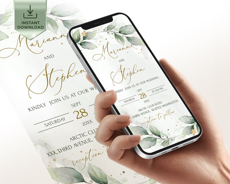 Greenery Wedding Digital Invitation Template | Eucalyptus Wedding Text Sms Invite | Editable Wedding Electronic Invitation | GRACE
