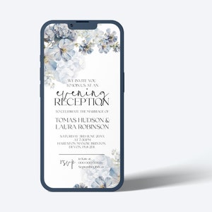 Modello di invito digitale per ricevimento serale blu, invito elettronico per matrimonio con fiori blu polverosi, invito elettronico per matrimonio modificabile SKY / LE100
