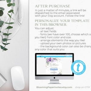 May include: A computer monitor displays a wedding welcome sign template with floral accents. Text on the screen includes names and the word "Welcome." The image also shows a keyboard, mouse, and decorative greenery, with text that says "BloomingPaperInvites.etsy.com."