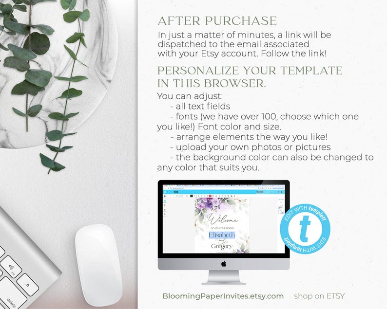 May include: A computer monitor displays a wedding welcome sign template with floral accents. Text on the screen includes names and the word "Welcome." The image also shows a keyboard, mouse, and decorative greenery, with text that says "BloomingPaperInvites.etsy.com."