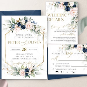 Blush Pink Blue Navy Wedding Invitation Bundle Template Printable Royal Blue Wedding Invite Suite Editable Pink Wedding invite Set Harper