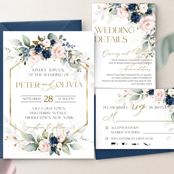 Blush Pink & Navy Wedding Invitation Suite: Printable Template Harper