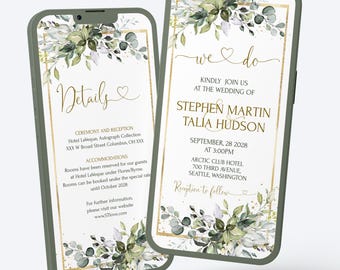 May include: A wedding invitation with a gold frame and green floral accents. The text reads "we do" and "Kindly join us at the wedding of Stephen Martin & Talia Hudson" with the date and time of the wedding. The invitation also includes the location of the wedding, Arctic Club Hotel, 700 Third Avenue, Seattle, Washington. The text "Reception to follow" is at the bottom of the invitation.