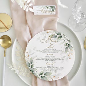 Menù rotondo verde salvia, modello stampabile, menù moderno circolare, menù cena, eucalipto dorato, menù per addio al nubilato, carta per matrimonio Grace
