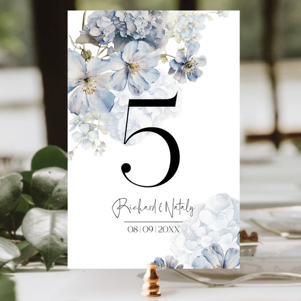 Dusty Blue Bloom Table Numbers Template | Printable Floral Wedding Table Numbers, Blue Flowers Table Number, Wedding Table Decor SKY | LE100