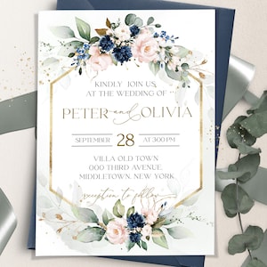 Blush Rosa & Blau Marine Hochzeitseinladung Vorlage, bedruckbare Boho Hochzeit einladen, bearbeitbares lädt ein Download, Sofort Download | HARPER
