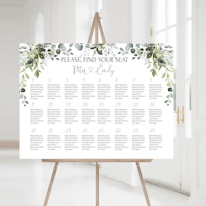 Salbei Grün Sitzplan Vorlage | Druckbarer Eukalyptus Sitzplan | Greenery bearbeitbares Hochzeitssitzplatz-Plakat Download | HERZ | LE170