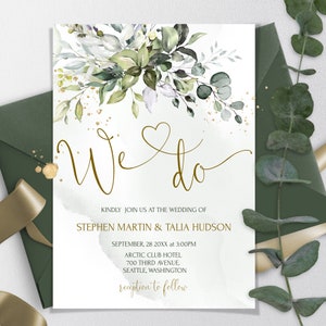 Eucalyptus We Do Wedding Invitation Template | Printable Greenery and Gold Wedding Invite | Editable Wedding invites Download | HEART