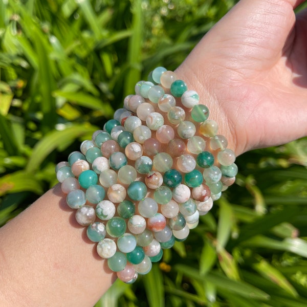 Genuine Green Flower Agate Bracelets, Sakura Flower Agate Beaded Bracelet, 8mm Bracelets for Women, Gemstone Bracelet, Mens Gift