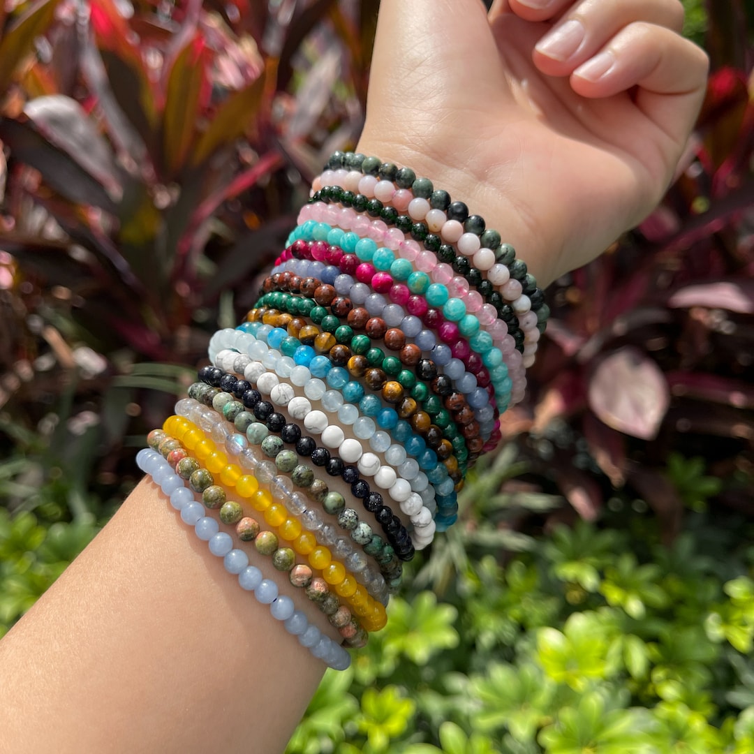 4MM Beads Bracelets, Small Wrist Gemstone Bracelet, Strechy