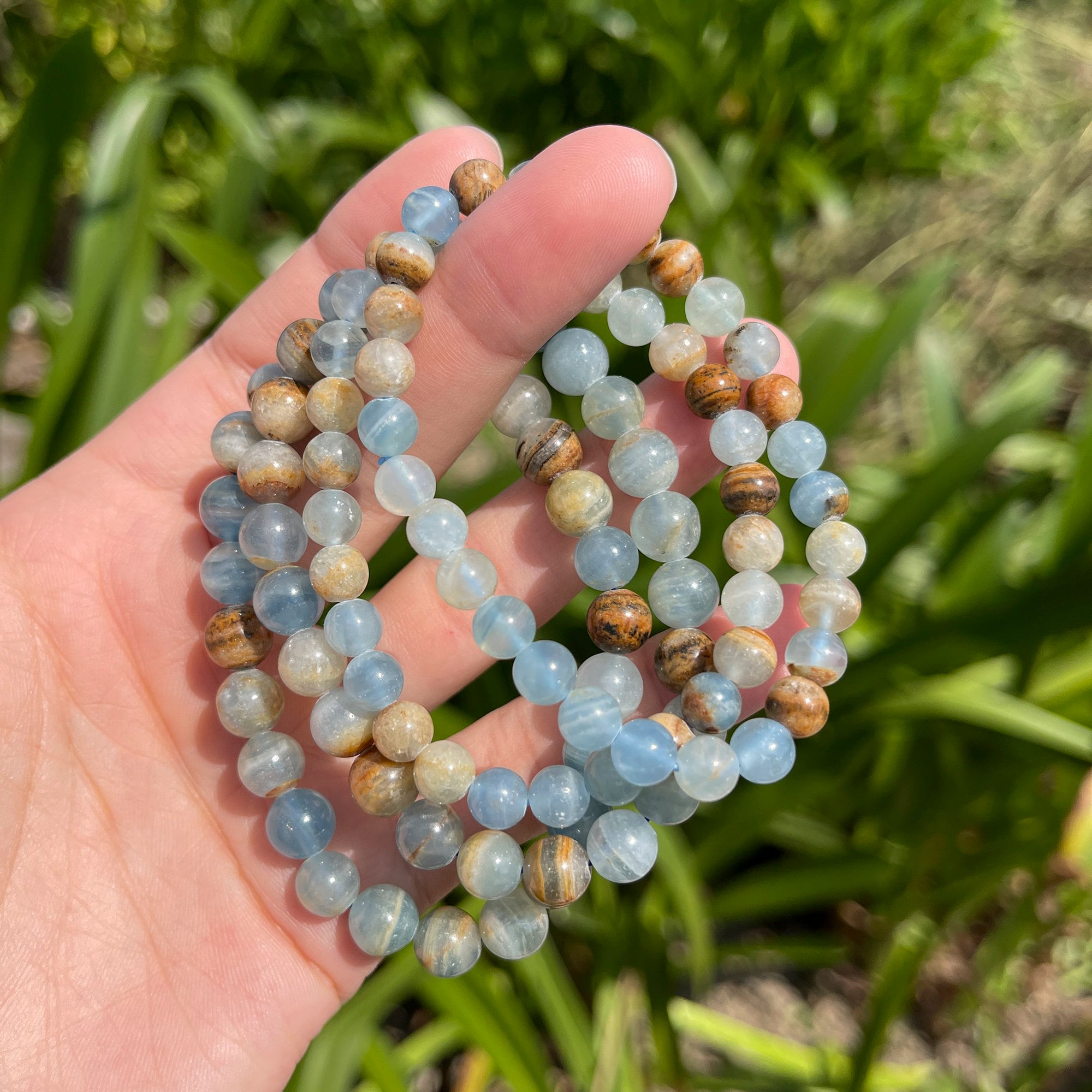 Aquatine Lemurian BLUE CALCITE & White Fossil Jasper BRACELET, Choice,  Copper, Beaded Stretch, natural stone