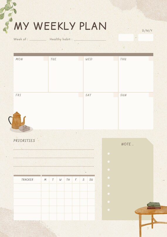 Digital Planner Planner Weekly Planner Horizontal Beige Etsy