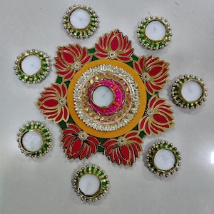 Handmade Gota Patti Tealight Holder Rangoli, LED Light, Coffe Table Decor, Indie Room Decor, Wedding Gift, Indian Diwali Festival decor