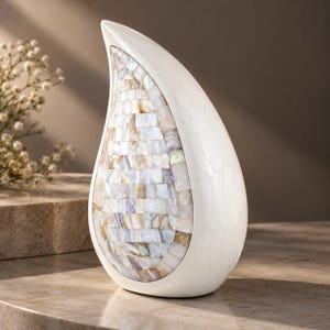 Può includere: Un'urna decorativa a forma di goccia con un esterno bianco liscio e un motivo curvo simile a un'ala. Il pannello frontale è intarsiato con un mosaico di tessere quadrate in madreperla iridescente che mostrano sfumature crema e blu tenue.
