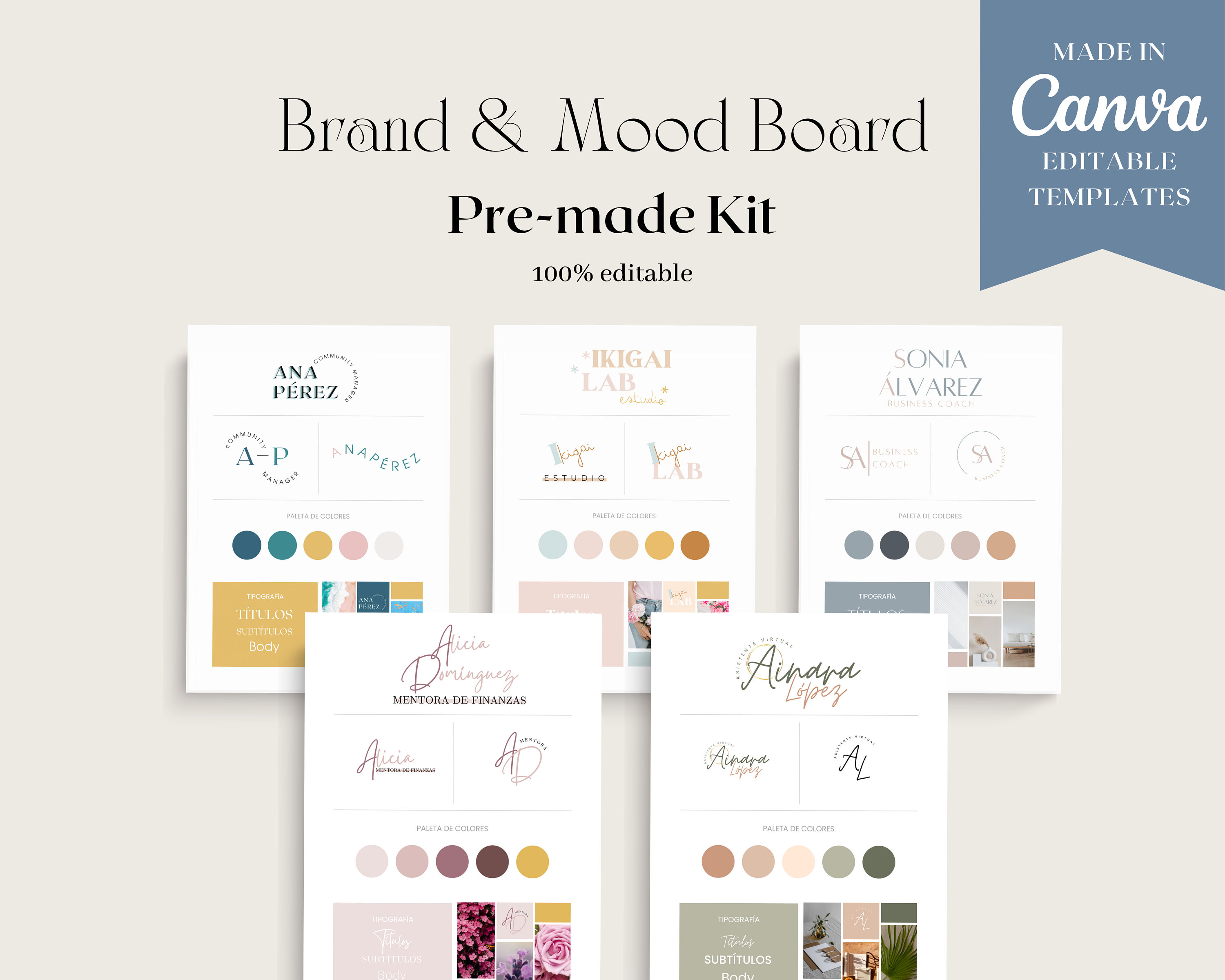 Tableaux de marque modifiables | Création de logo | Modèle de tableau de marque Canva | Modèle de marque modifiable Mood Board | Palette de couleurs | Kit de marque préfabriqué