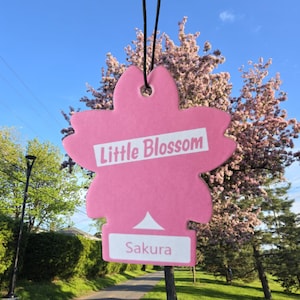 Könnte beinhalten: Ein rosa, blütenförmiger Lufterfrischer mit dem Text "Little Blossom" und "Sakura" in Weiß. Der Lufterfrischer hängt an einem schwarzen Faden vor einem blauen Himmel und Bäumen.
