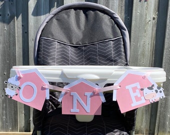 Pink Farm High Chair Banner - First Birthday