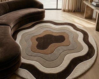 Alfombra moderna abstracta de lana tejida a mano, alfombra redonda orgánica, alfombra marrón beige neutra, decoración de lujo para sala de estar, alfombra de tamaño personalizado