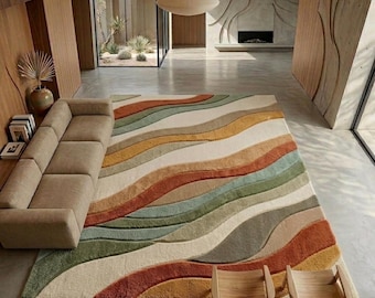 Alfombra de lana tejida a mano, estampado abstracto ondulado, verde óxido beige crema, alfombra moderna bohemia texturizada, alfombra para sala de estar.