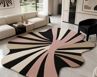 Alfombra abstracta de lujo tejida a mano, alfombra moderna de área irregular, alfombra de lana rosa, negra y crema, alfombra de diseño para sala de estar, tamaño personalizado.