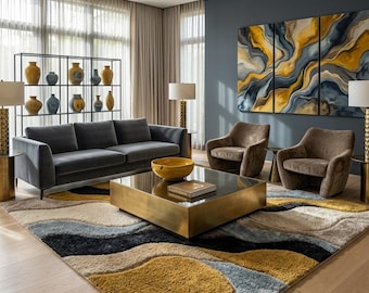 Alfombra abstracta de lana tejida a mano, alfombra contemporánea azul y dorada, decoración moderna para sala de estar.