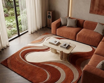 Alfombra Abstract Wave, alfombra de lana tejida a mano en terracota y crema, diseño curvo retro moderno, alfombra de área con textura esculpida, decoración para sala de estar