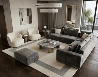Alfombra de lujo de lana tejida a mano, alfombra moderna minimalista con borde, alfombra neutra beige gris, alfombra personalizada para sala de estar, decoración del hogar hecha a mano