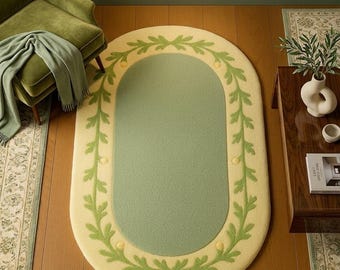 Handmade Botanical Oval Rug, Sage Green Tufted Cottagecore Carpet