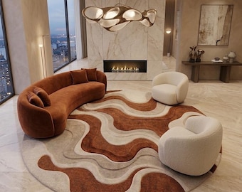 Alfombra Abstract Wave, alfombra redonda de lana tejida a mano, alfombra color terracota beige crema, diseño orgánico moderno, alfombra para sala de estar.