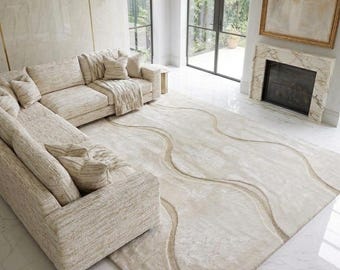 Alfombra de seda tejida a mano, alfombra ondulada color marfil, alfombra orgánica esculpida, alfombra minimalista de lujo, decoración moderna para sala de estar.