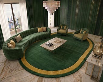 Alfombra de lana de lujo tejida a mano, alfombra ovalada verde esmeralda, alfombra moderna estilo art déco, alfombra personalizada hecha a mano para sala de estar.