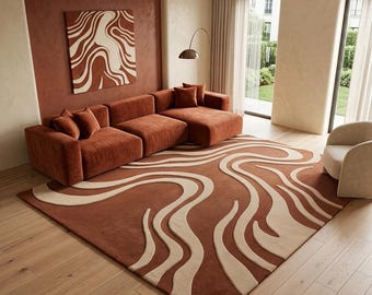 Alfombra moderna abstracta tejida a mano, alfombra de lana ondulada color crema terracota, alfombra contemporánea para sala de estar, decoración del hogar hecha a mano que marca la diferencia.