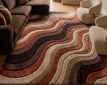 Alfombra abstracta ondulada tejida a mano, alfombra moderna de lana, alfombra marrón óxido crema, alfombra de lujo hecha a mano para sala de estar, tamaño personalizado.