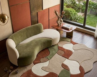 Alfombra de lujo orgánica moderna de lana tejida a mano, alfombra abstracta irregular, alfombra verde salvia y terracota, alfombra escultórica hecha a mano.